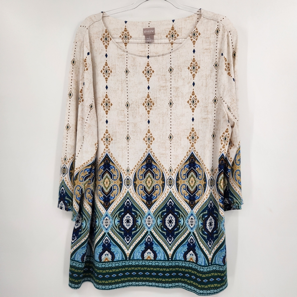 Chicos 3/4 Sleeve Slinky Tunic Top Womens Size XL Printed Ikat Multicolor